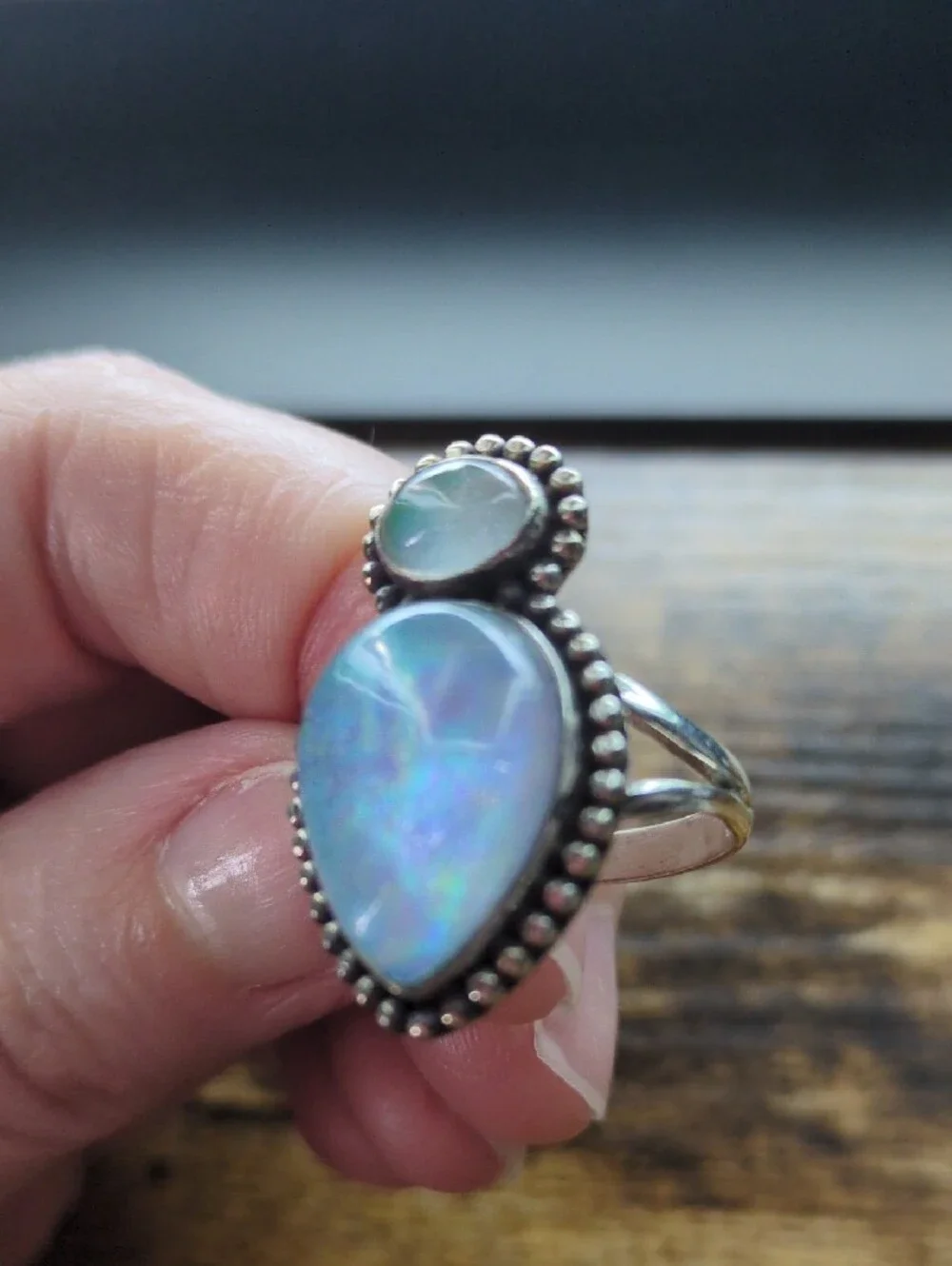 Opal Teardrop Double Stone Sterling-Style Ring in Iridescent Blue-Green